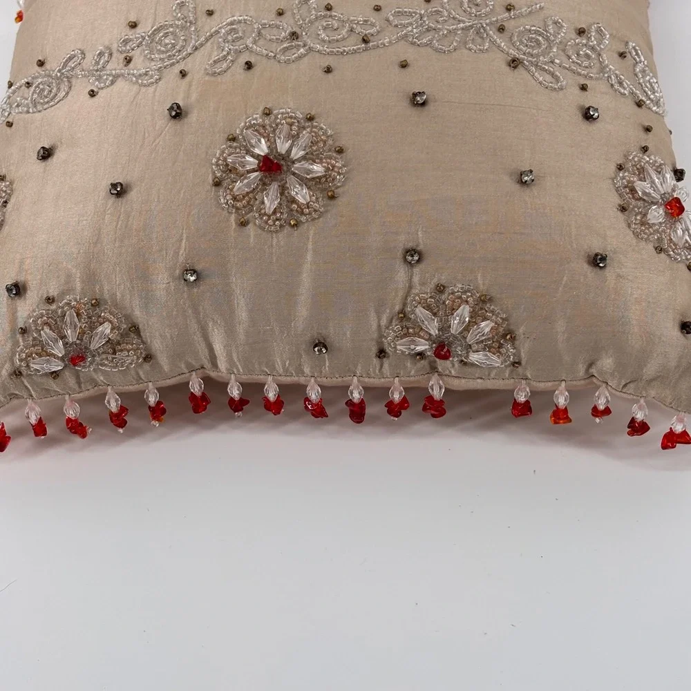 Anthropologie Beaded Silk Accent Pillow Champagne Red Embellished‎ Boho-Luxe